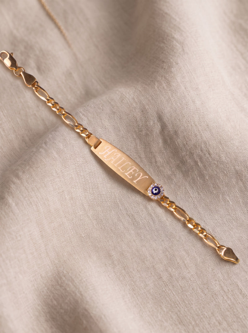 Pulsera Figaro con Placa de Nombre y Ojo Turco