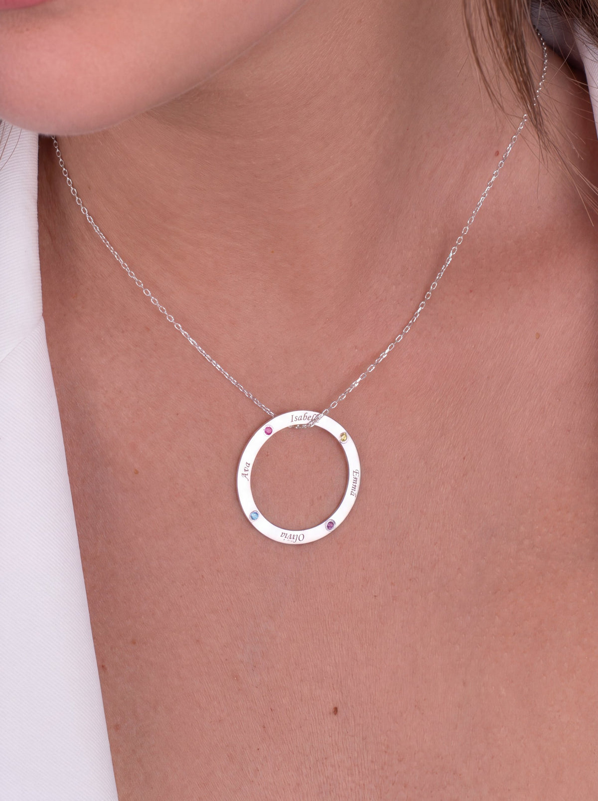 Family Names Circle Birthstone Necklace