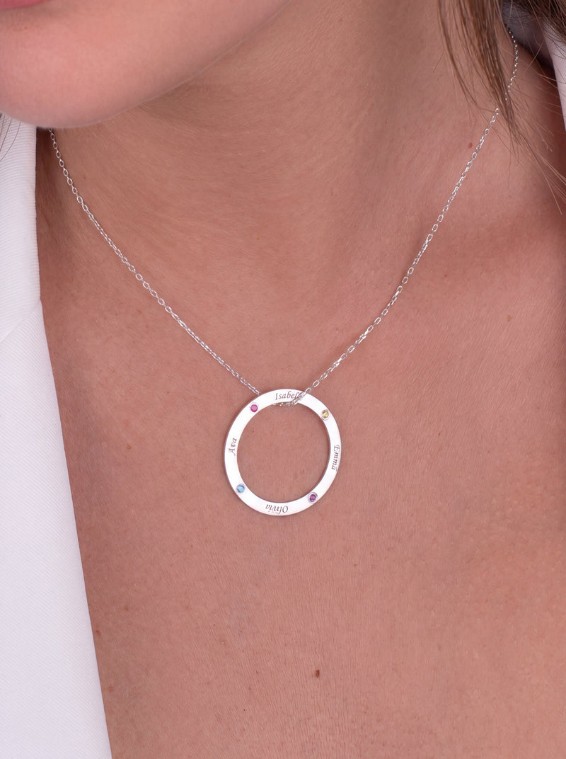Family Names Circle Birthstone Necklace
