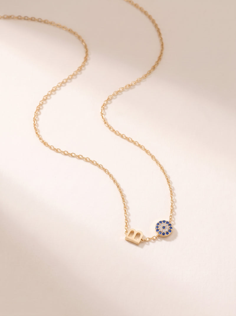 Sideways Initial Evil Eye Necklace