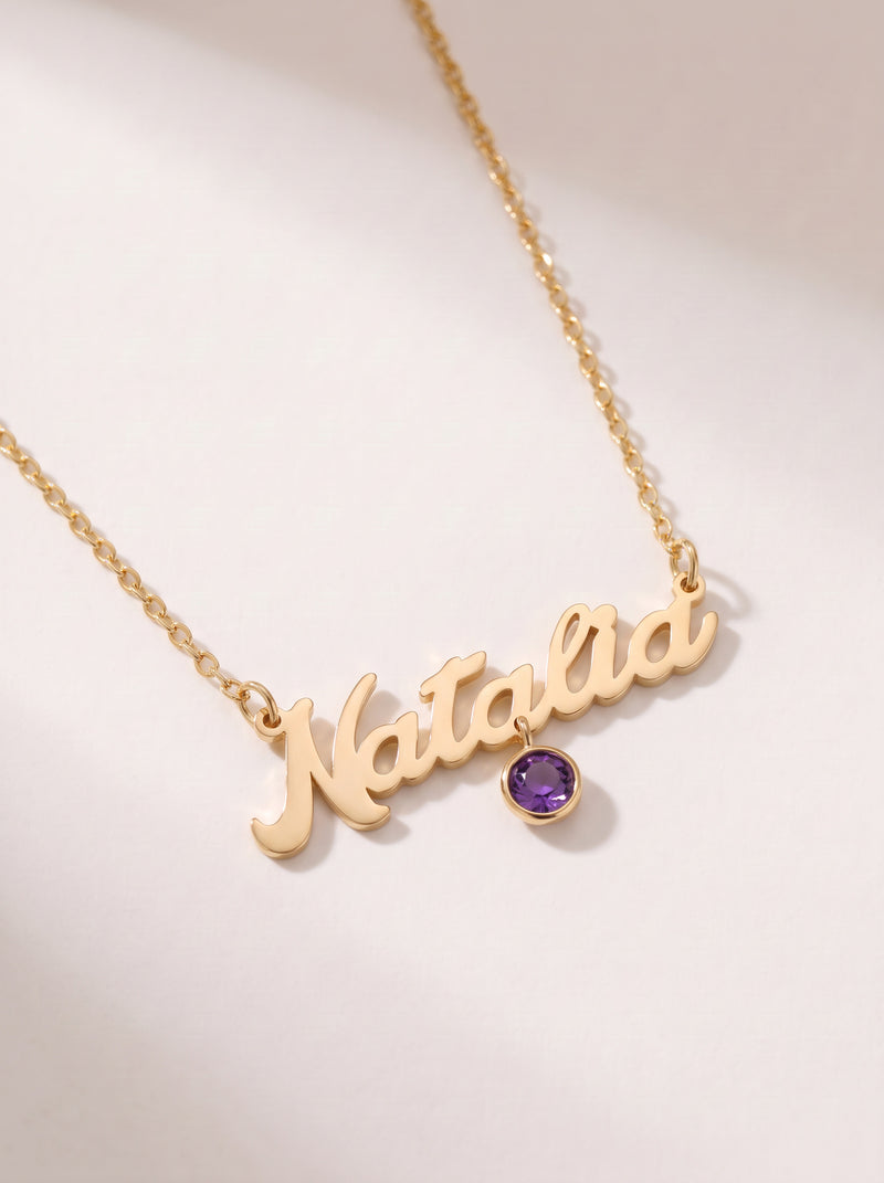 Script Name Necklace with Stone Drop
