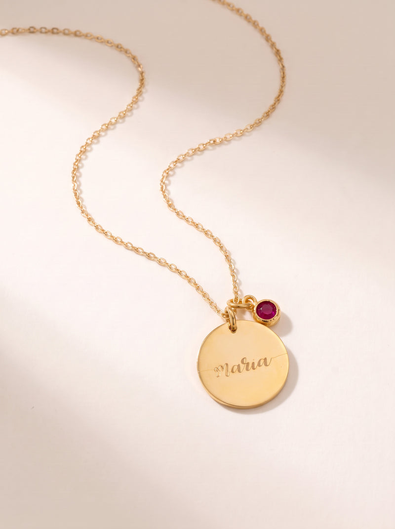 Engraved Name Disc and Crystal Charm Necklace