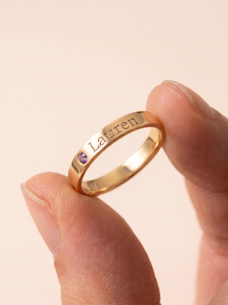 Engraved Name Band Ring with Accent Stone