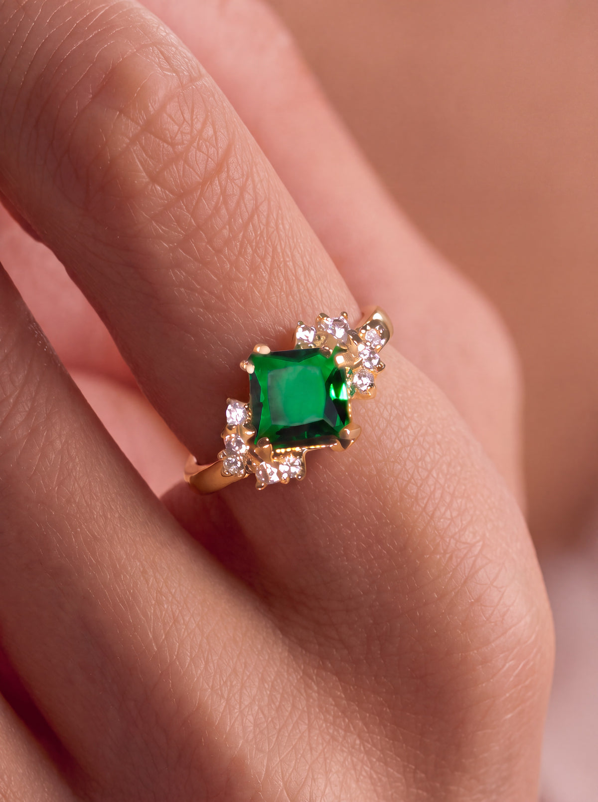 Green Square Stone Cluster Ring